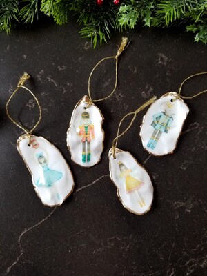 READY TO SHIP! The Nutcracker ballet oyster shell ornaments. Comes in a set of 4, Clara, The Nutcracker, Mouse King, and Sugar Plum Fairy. - image1